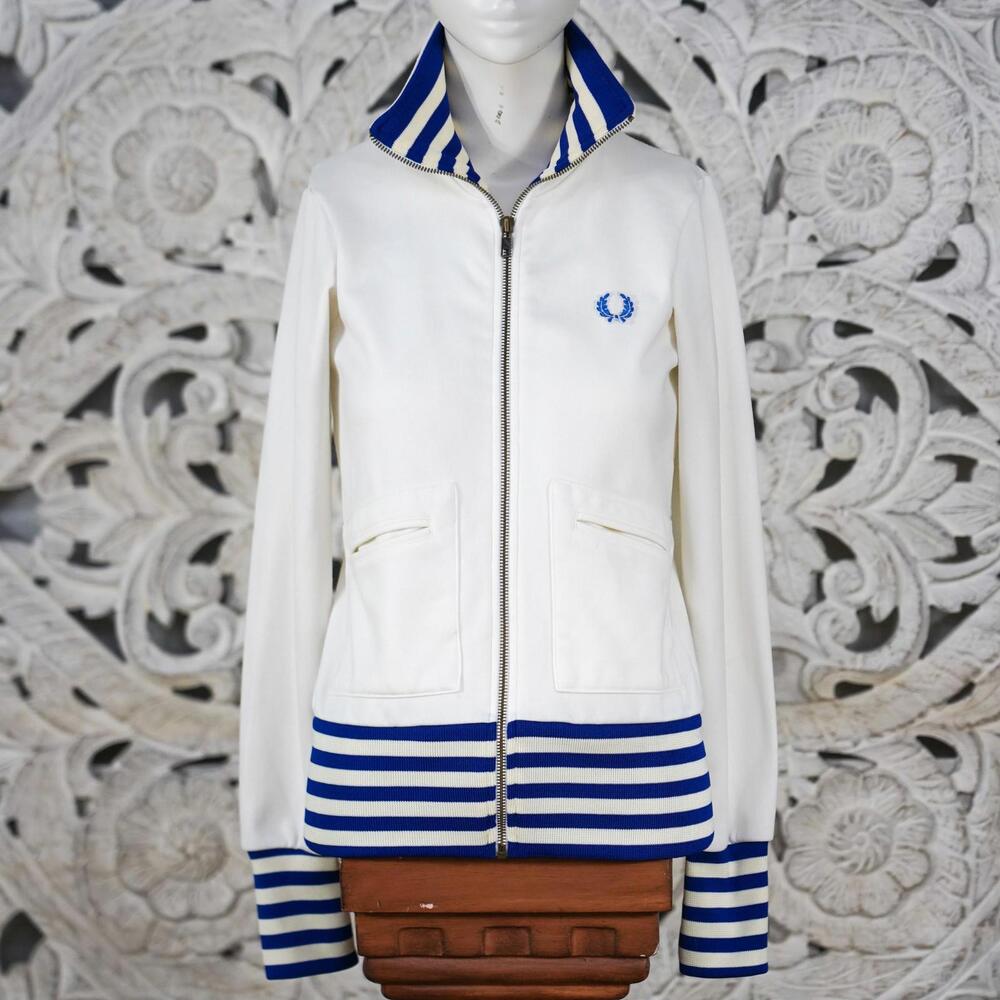 Fred Perry Women’s White Track Jacket UK10 Blue Striped Trim Made in Portugal
